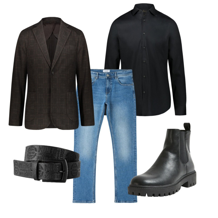 Outfit uomo - Total look #2102928. Stile Trendy per Tutti i giorni. Abbinamento con cinture, jeans dritti, stivali e stivaletti, giacche, camicie.