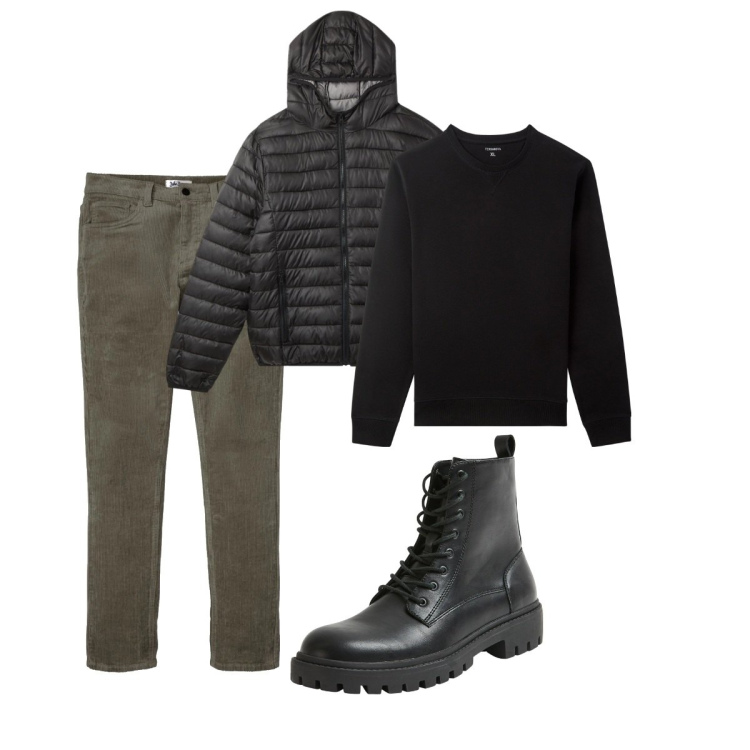 Outfit uomo - Total look #2102929. Stile Casual per Tutti i giorni. Abbinamento con pantaloni, piumini, anfibi, felpe.