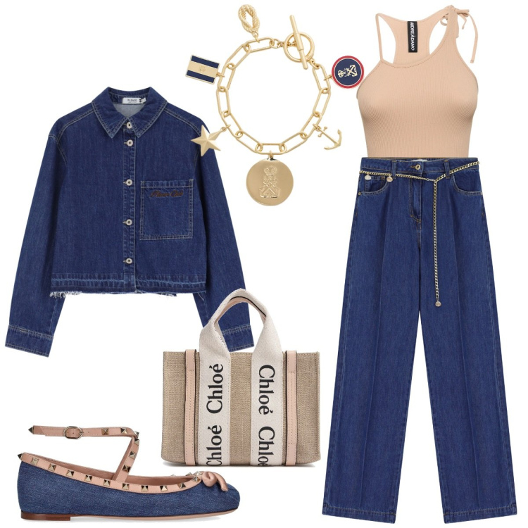 Outfit donna - Jeans e ballerine. Stile Trendy per Tutti i giorni. Abbinamento con jeans, blazer, braccialetti con ciondoli, ballerine, canottiere, borse a mano.