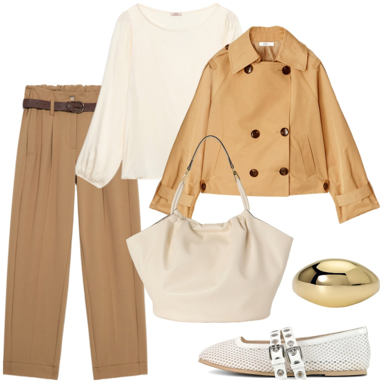Outfit donna - Total look #2102939. Stile Casual chic per Tutti i giorni. Abbinamento con anelli, ballerine, pantaloni, bluse, trench, borse a secchiello.