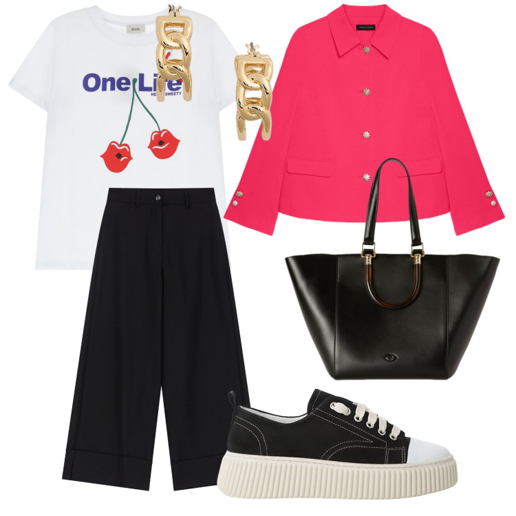 Outfit donna - A scuola così. per Scuola/Università. Abbinamento con sneakers, pantaloni a palazzo, t-shirt, orecchini, blazer, shopping bag.
