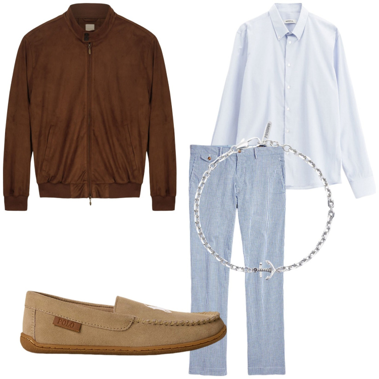 Outfit uomo - Sabato mattina. Stile Trendy per Tutti i giorni. Abbinamento con braccialetti, camicie, pantofole, pantaloni, giacche.