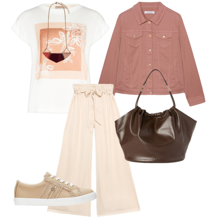 Outfit donna - Al centro commerciale. per Tutti i giorni. Abbinamento con t-shirt, sneakers, blazer, pantaloni a palazzo, borse a secchiello, ciondoli.