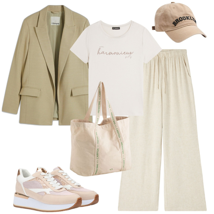 Outfit donna - City. Stile Casual chic per Tutti i giorni. Abbinamento con blazer, pantaloni, cappelli, t-shirt, sneakers, shopping bag.