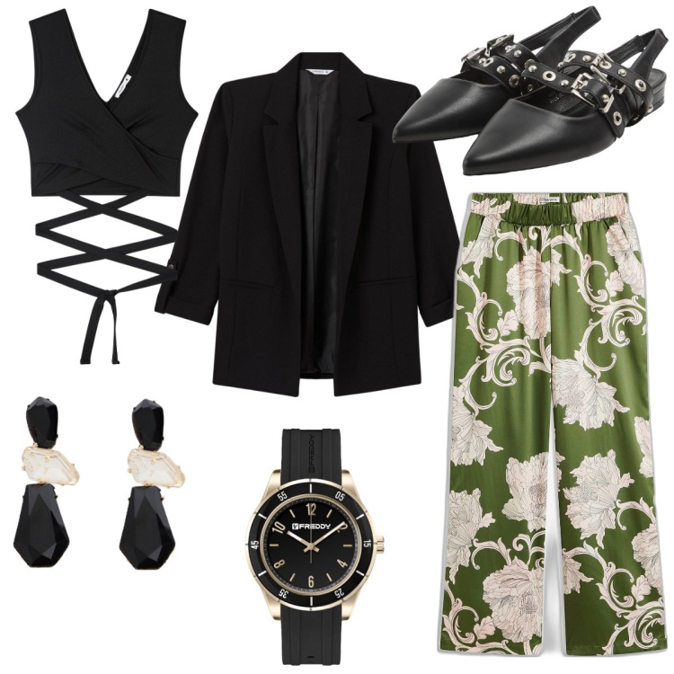 Outfit donna - Rilassati. Stile Casual chic per Tutti i giorni. Abbinamento con pantaloni a palazzo, blazer, sabot, top, orologi, orecchini.
