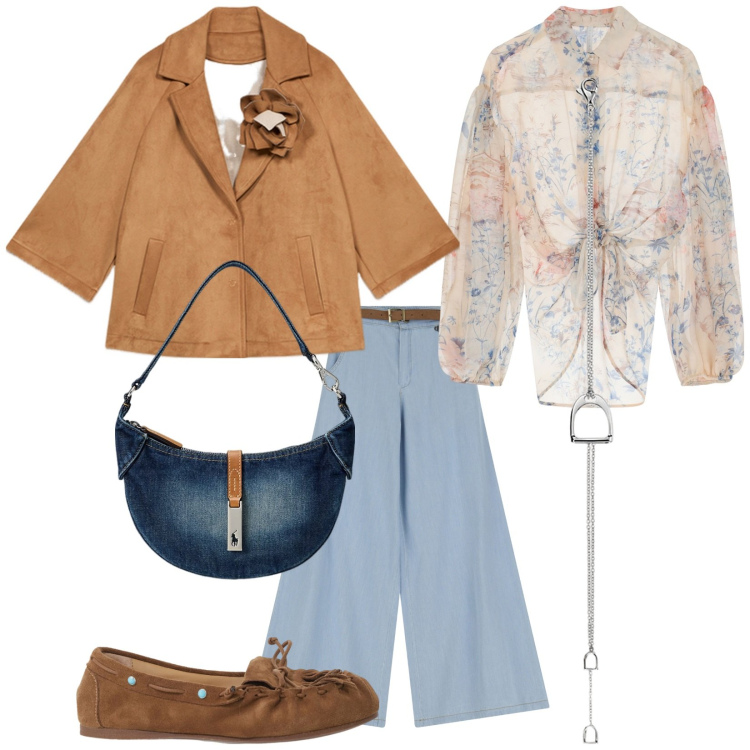 Outfit donna - Casual chic perfetto. Stile Casual chic per Tutti i giorni. Abbinamento con camicie, pantaloni a palazzo, mocassini, braccialetti, borse a spalla, caban.