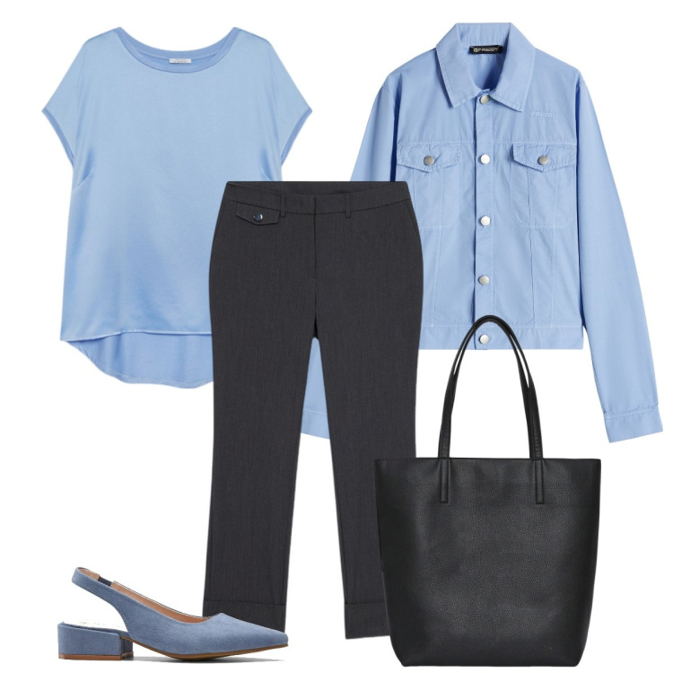 Outfit donna - Total look Azzurro polvere. Stile Casual chic per Tutti i giorni. Abbinamento con décolleté, borse tote, blazer, bluse, pantaloni.
