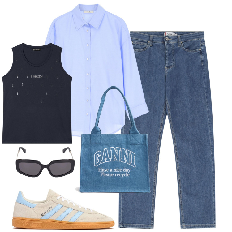 Outfit donna - Aprile. Stile Casual per Tutti i giorni. Abbinamento con jeans dritti, camicie, canottiere, sneakers, shopping bag, occhiali da sole.