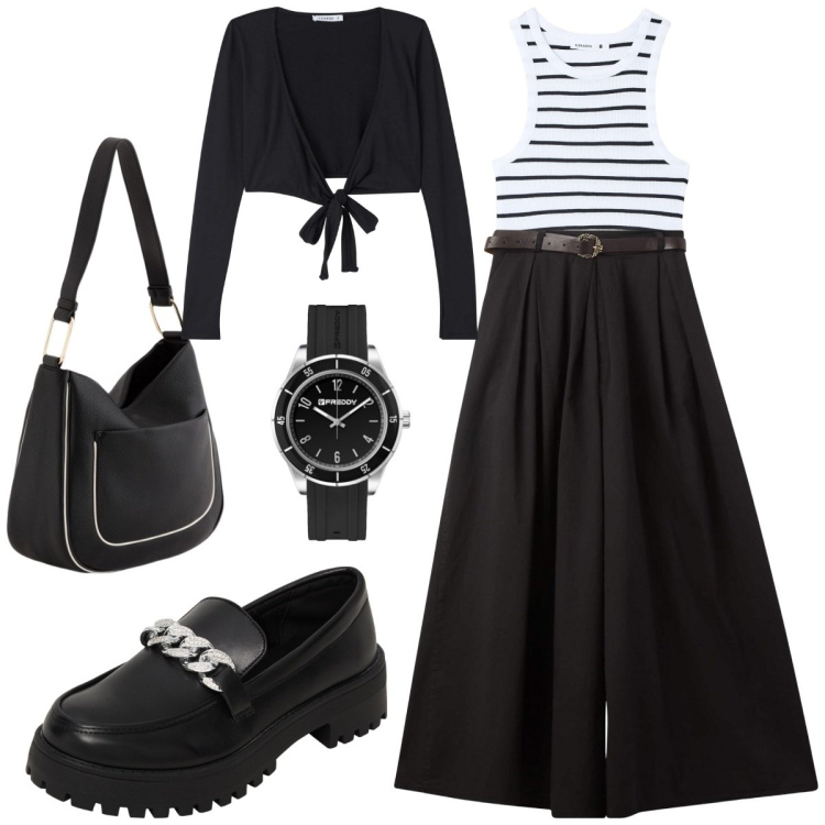 Outfit donna - Un po\' di righe. Stile Minimal per Tutti i giorni. Abbinamento con blazer, canottiere, mocassini, pantaloni, orologi, borse a tracolla.