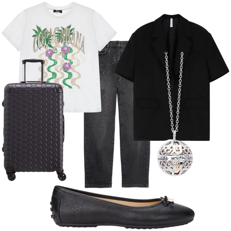 Outfit donna - Una ballerina e via!. Stile Casual chic per Tutti i giorni. Abbinamento con collane, blazer, t-shirt, ballerine, jeans, valigie.