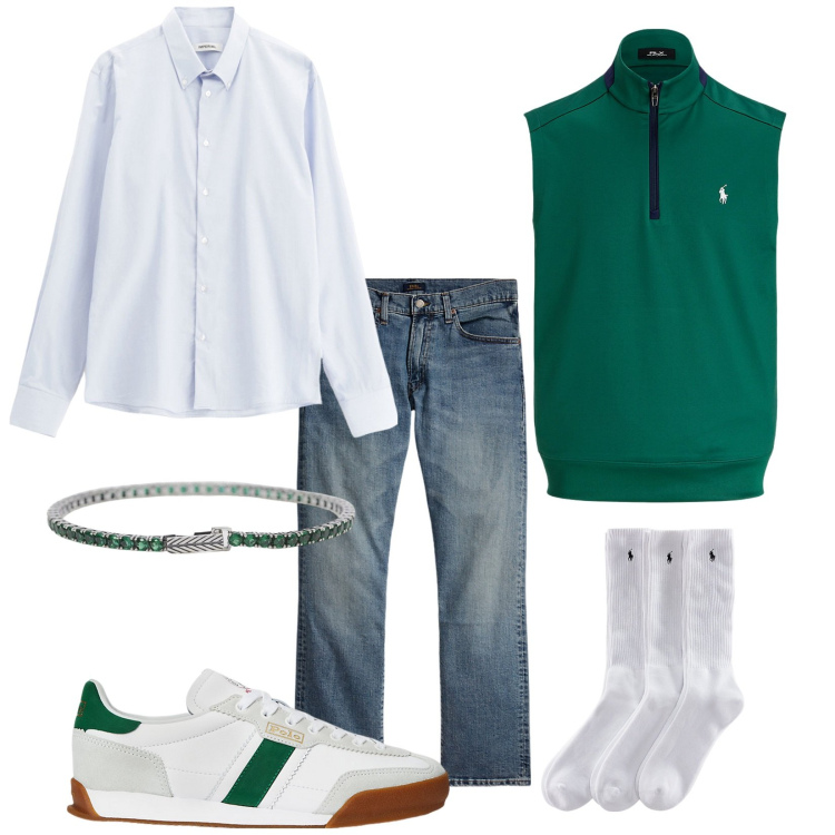 Outfit uomo - Total look #2102960. Stile Trendy per Tutti i giorni. Abbinamento con braccialetti, camicie, calzini, jeans dritti, sneakers, gilet.