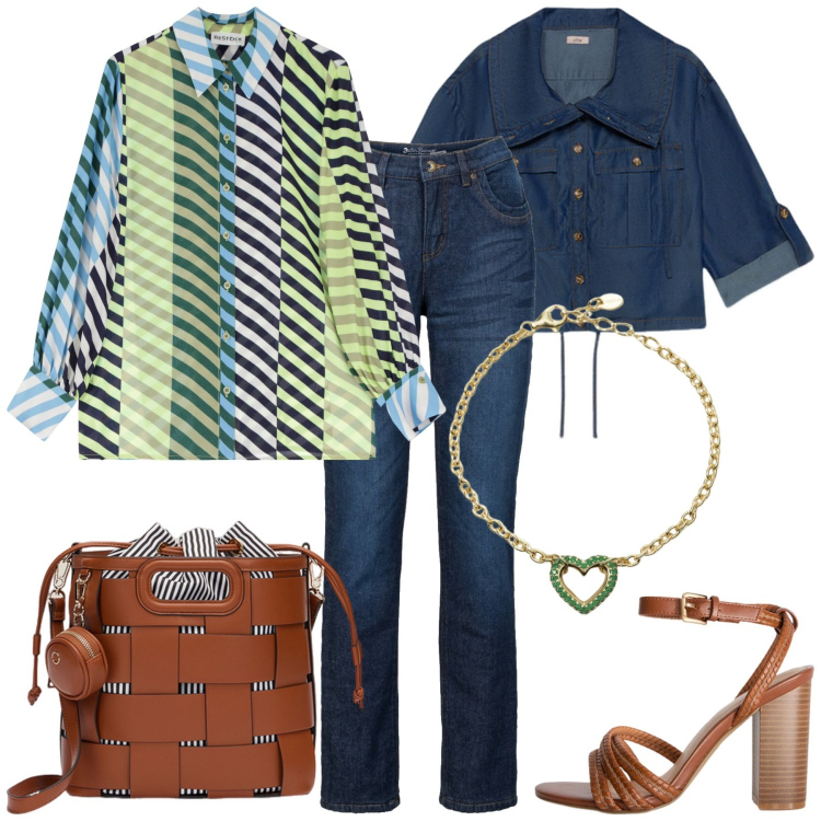 Outfit donna - Equilibrio in Movimento. Stile Casual chic per Tutti i giorni. Abbinamento con jeans dritti, braccialetti, camicie, borse a secchiello, sandali col tacco, blazer.