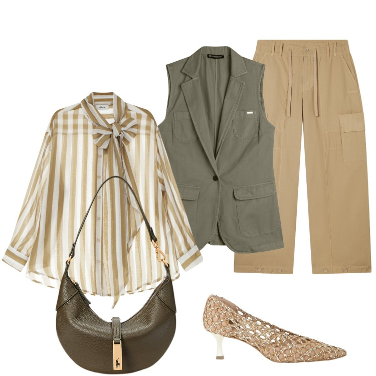 Outfit donna - Praticità e delicatezza. Stile Minimal per Tutti i giorni. Abbinamento con pantaloni cargo, gilet, camicie, décolleté, borse a spalla.