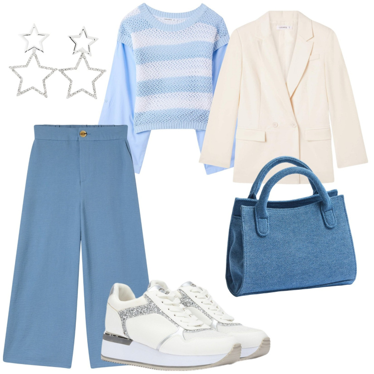 Outfit donna - Righe a primavera. per Tutti i giorni. Abbinamento con orecchini, maglieria, pantaloni a palazzo, blazer, borse a tracolla, sneakers.