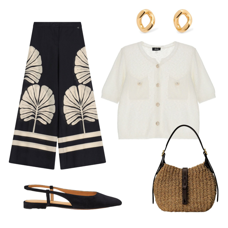 Outfit donna - Look da giorno. Stile Vintage retrò per Tutti i giorni. Abbinamento con cardigans, pantaloni a palazzo, borse a spalla, ballerine, orecchini.
