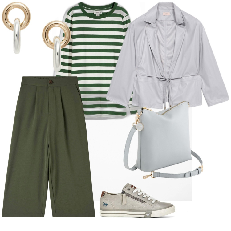Outfit donna - Righe verdi. per Tutti i giorni. Abbinamento con maglieria, sneakers, pantaloni a palazzo, orecchini, blazer, borse a tracolla.
