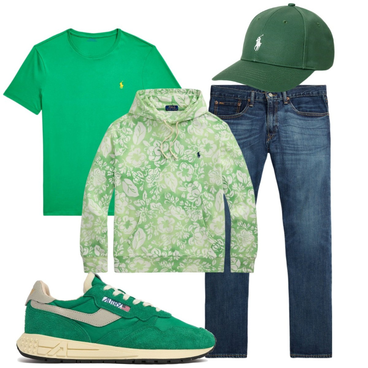 Outfit uomo - Total look #2102973. Stile Casual per Tutti i giorni. Abbinamento con jeans dritti, t-shirt, felpe con cappuccio, cappelli, sneakers.