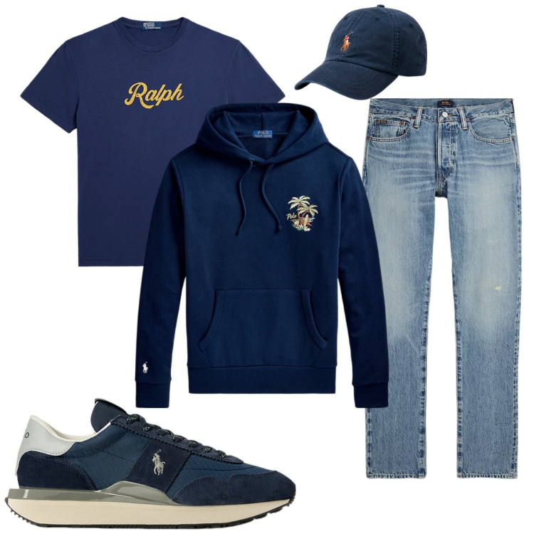Outfit uomo - Total look #2102975. Stile Casual per Tutti i giorni. Abbinamento con t-shirt, cappelli, sneakers, jeans, felpe con cappuccio.