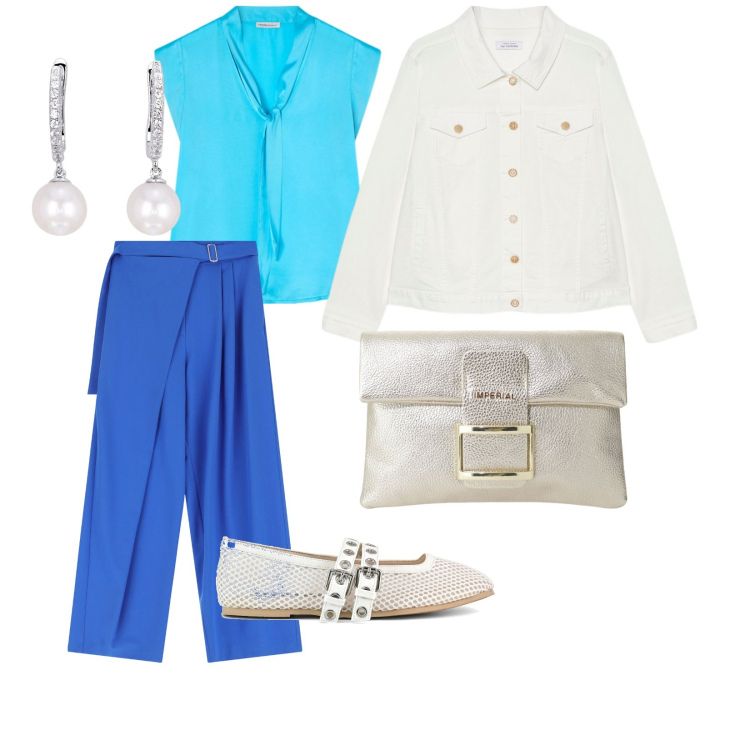 Outfit donna - Azzurro e primavera. per Tutti i giorni. Abbinamento con orecchini, pantaloni a palazzo, pochette, ballerine, bluse, blazer.