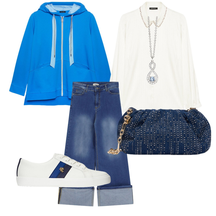 Outfit donna - Il gioiello azzurro. per Tutti i giorni. Abbinamento con ciondoli, jeans dritti, sneakers, felpe con cappuccio, camicie, clutch.