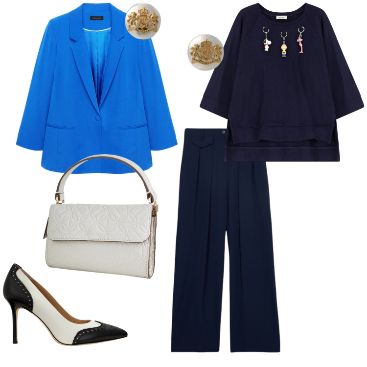 Outfit donna - In ufficio. per Ufficio. Abbinamento con marsupi, orecchini, décolleté, felpe, blazer, pantaloni a palazzo.