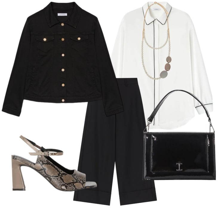 Outfit donna - Riunione di lavoro. per Scuola/Università. Abbinamento con blazer, borse a tracolla, pantaloni a palazzo, sandali col tacco, collane, camicie.