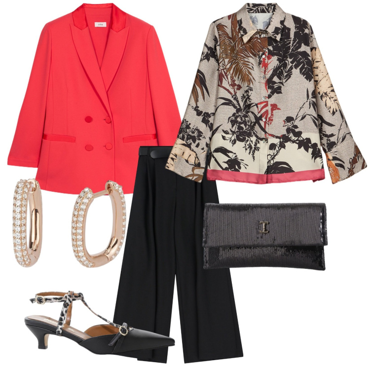 Outfit donna - Apericena. per Serata fuori. Abbinamento con orecchini, décolleté, borse a tracolla, pantaloni a palazzo, camicie, blazer.