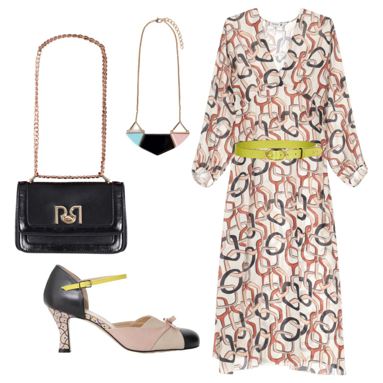 Outfit donna - Total look #2102994. Stile Bon Ton per Cerimonia. Abbinamento con décolleté, cinture, borse a tracolla, vestiti midi/longuette, ciondoli.