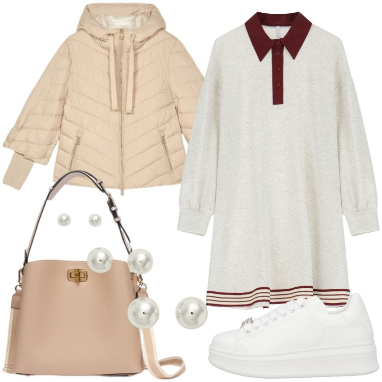 Outfit donna - Sporty chic. Stile Sporty chic per Tutti i giorni. Abbinamento con sneakers, vestiti corti, orecchini, piumini, borse a secchiello.