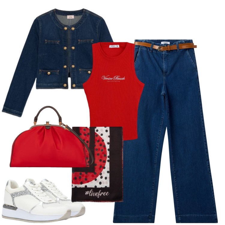 Outfit donna - City. Stile Casual per Tutti i giorni. Abbinamento con canottiere, jeans, foulard, blazer, sneakers, borse a spalla.