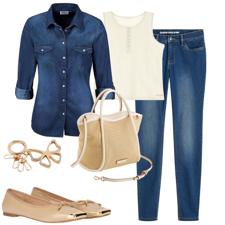 Outfit donna - City. Stile Casual chic per Tutti i giorni. Abbinamento con jeans skinny, camicie, canottiere, ballerine, portachiavi, borse a mano.