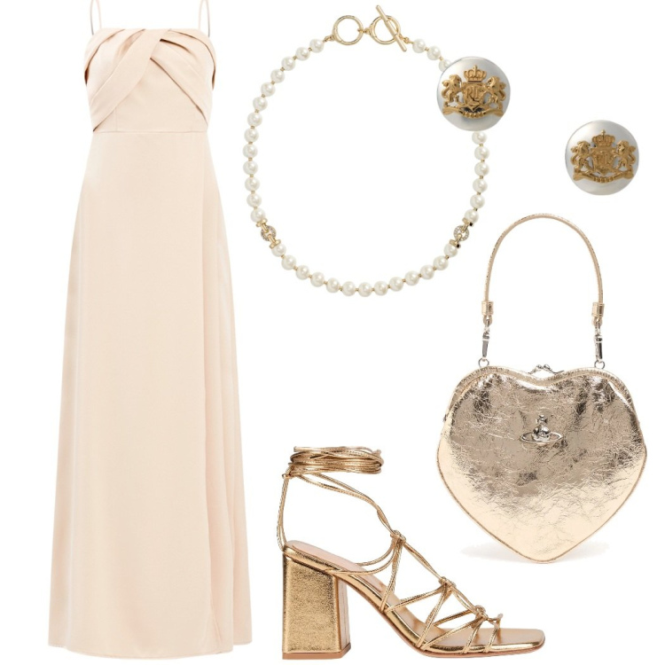 Outfit donna - Cerimonia elegante. Stile Glamour per Cerimonia. Abbinamento con sandali in pelle, vestiti lunghi, orecchini, collane, pochette.