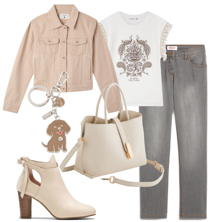 Outfit donna - Il giubbino essenziale e versatile. Stile Casual per Tutti i giorni. Abbinamento con jeans dritti, stivaletti, t-shirt, blazer, borse a mano, portachiavi.