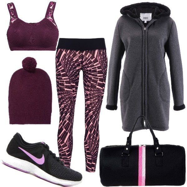 Outfit donna - Cappotto felpa. Stile Basic per Sport. Abbinamento con felpe, reggiseno con spalline rosa, borsone con zip interno foderato in tessuto tecnico tinta unita, cappello contrasto lavorato a maglia tinta unita, collant rosa, scarpe sport nero e viola e bianco.