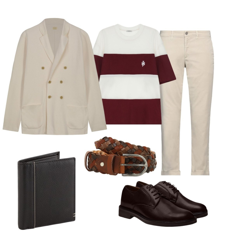 Outfit uomo - La cintura intrecciata. Stile Trendy per Ufficio. Abbinamento con pantaloni chino, t-shirt, cinture, scarpe stringate, portafogli, cardigans.