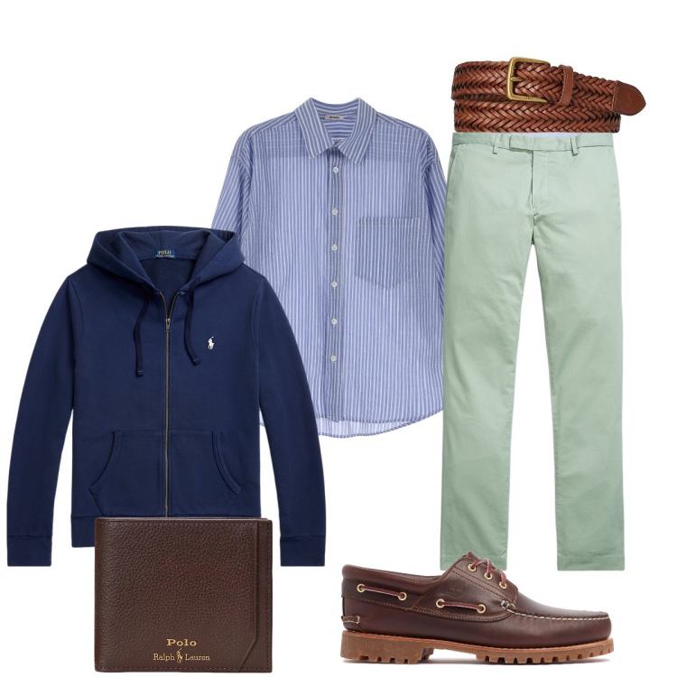 Outfit uomo - Ricercato nei particolari. Stile Trendy per Mare. Abbinamento con camicie, pantaloni chino, cinture, felpe con cappuccio, portafogli, scarpe stringate.