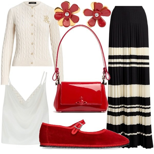 Outfit donna - Mary Jane scarpe bon ton. Stile Glamour per Ufficio. Abbinamento con canottiere, cardigans, pantaloni, ballerine, borse a spalla, orecchini.