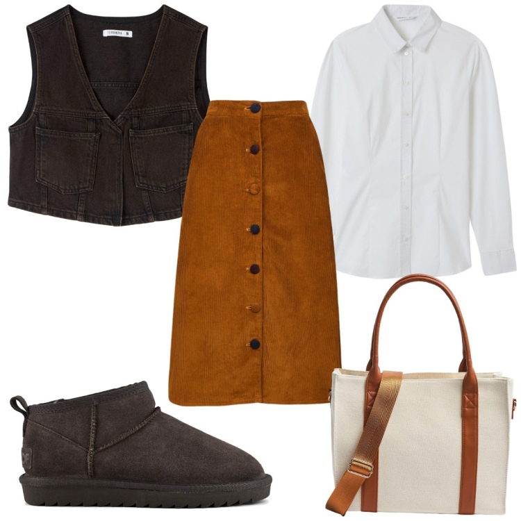 Outfit donna - Utility Soft: gonna e gilet. Stile Trendy per Tutti i giorni. Abbinamento con gilet, shopping bag, camicie, gonne longuette, stivali.