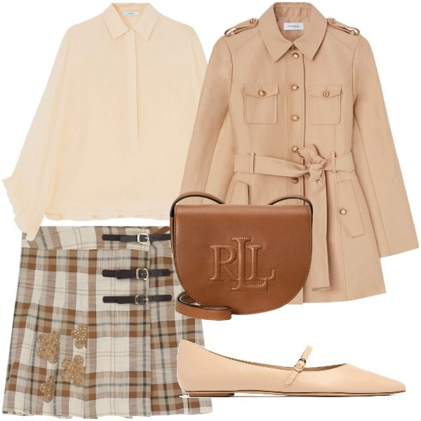 Outfit donna - ballerine beige. Stile Casual per Tutti i giorni. Abbinamento con minigonne, borse a tracolla, trench, ballerine, camicie.