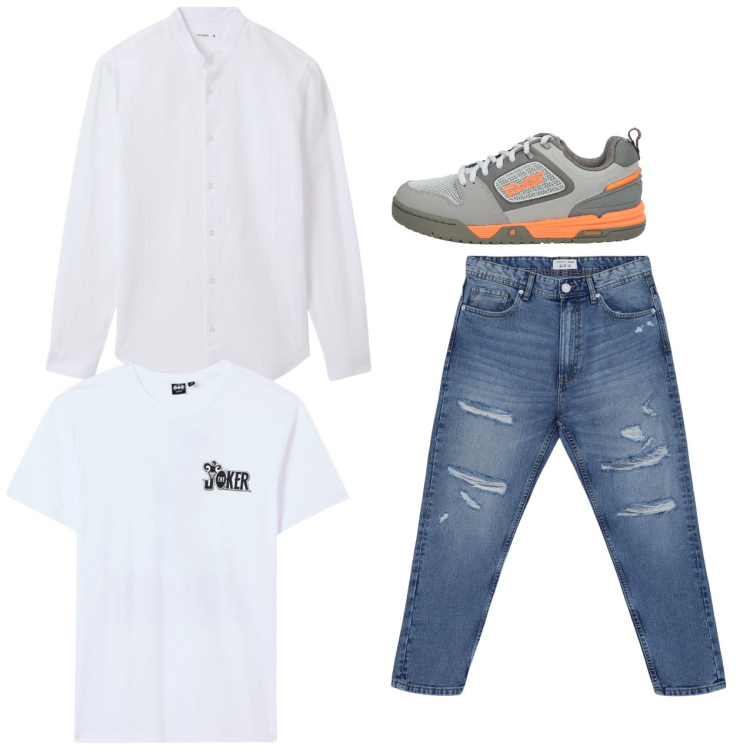 Outfit uomo - Total look city. Stile Casual per Tutti i giorni. Abbinamento con sneakers, t-shirt, jeans strappati, camicie.