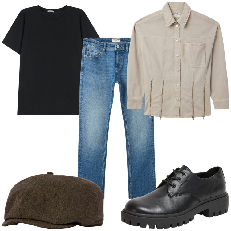 Outfit uomo - Camicia oversize e t -shirt e sei trendy. Stile Trendy per Tutti i giorni. Abbinamento con jeans, scarpe stringate, camicie, t-shirt, cappelli e berretti.