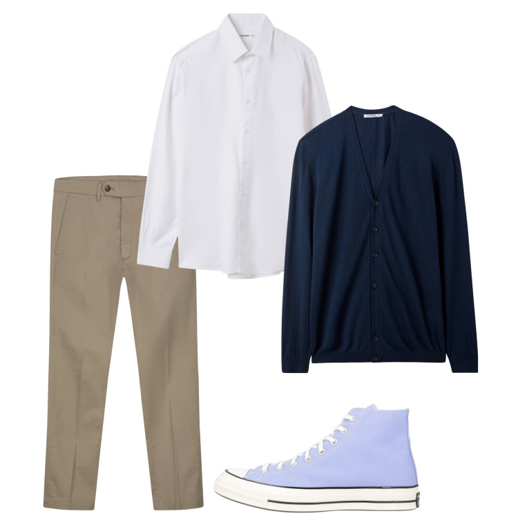 Outfit uomo - Un cardigan leggero. Stile Casual per Tutti i giorni. Abbinamento con sneakers alte, camicie, cardigans, pantaloni chino.