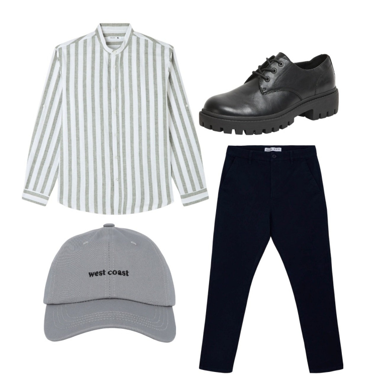 Outfit uomo - Total look. Stile Casual per Tutti i giorni. Abbinamento con camicie, cappelli con visiera, pantaloni chino, scarpe stringate.