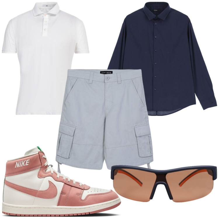 Outfit uomo - Camicia oversize in primavera. Stile Trendy per Tutti i giorni. Abbinamento con occhiali da sole, polo, bermuda, camicie, sneakers.