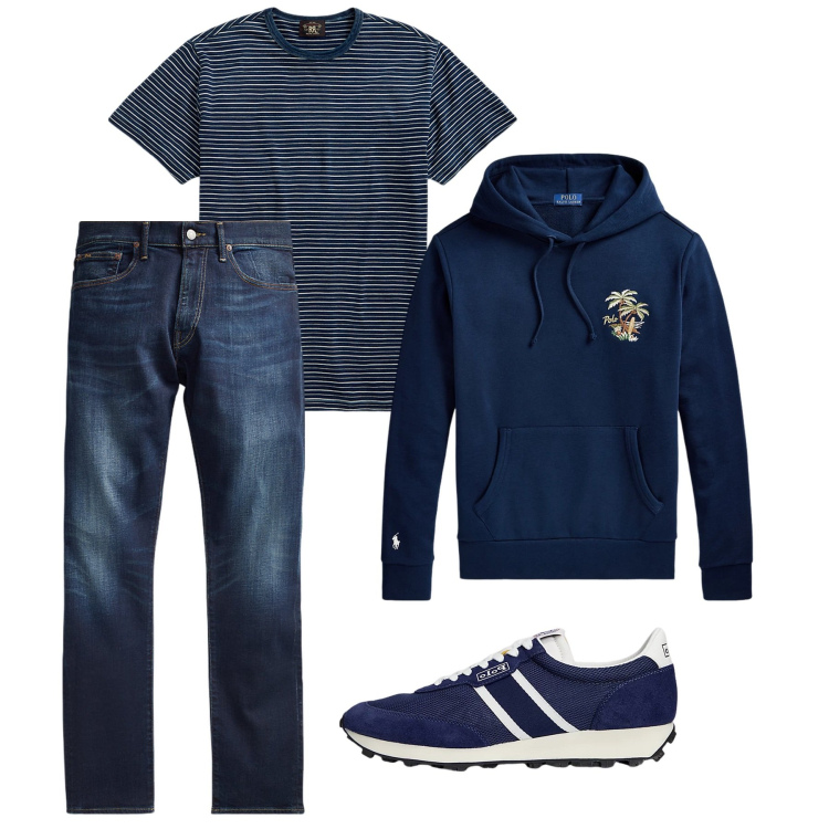 Outfit uomo - Total look in blu. Stile Casual per Tutti i giorni. Abbinamento con t-shirt, jeans, sneakers, felpe con cappuccio.