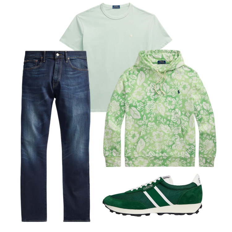 Outfit uomo - Total look city. Stile Casual per Tutti i giorni. Abbinamento con t-shirt, jeans, sneakers, felpe con cappuccio.