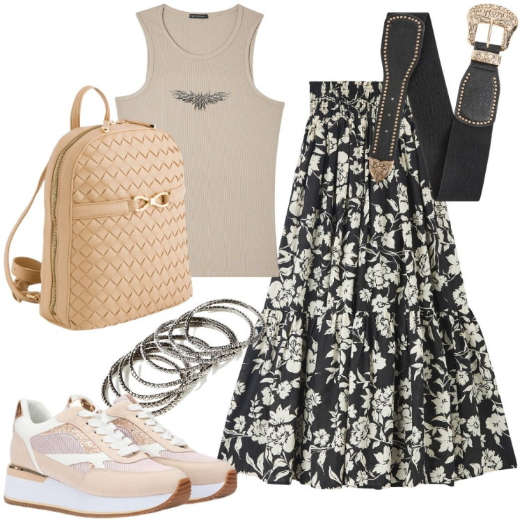 Outfit donna - Urban style. Stile Urban per Tutti i giorni. Abbinamento con braccialetti, gonne lunghe, canottiere, cinture, sneakers, zaini.