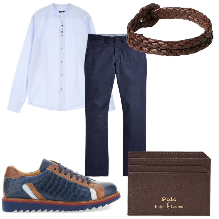 Outfit uomo - Accessori in pelle per l\'ufficio. Stile Trendy per Tutti i giorni. Abbinamento con camicie, pantaloni, portafogli, braccialetti, scarpe stringate.