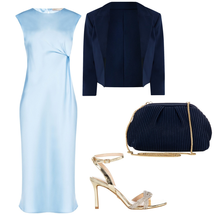 Outfit donna - Cerimonia azzurro cielo. Stile Chic per Cerimonia. Abbinamento con bolero, vestiti midi/longuette, pochette, sandali col tacco.