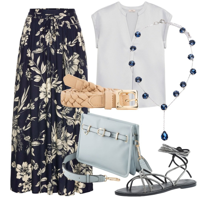 Outfit donna - Svolazzanti gonne lunghe. Stile Casual chic per Tutti i giorni. Abbinamento con gonne lunghe, sandali alla schiava, borse a tracolla, cinture, collane, t-shirt.